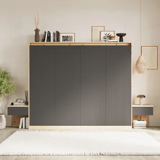 SMARTBett Set 160-Schrankbett Horizontal WAVES mit 2 Nachtkonsolen Wildeiche/Anthrazit WAVES