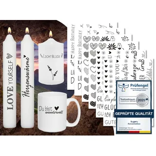 Sugeru 6 PCS Kerzentattoo (200+ Muster),Wassertransferdruck |wasserschiebefolie kerzen | Kerzenfolie | kerzenaufkleber sticker |Kerzen dekorieren | Sprüche,Lieblingsmensch,Happy Birthday(Mix-A-neu)
