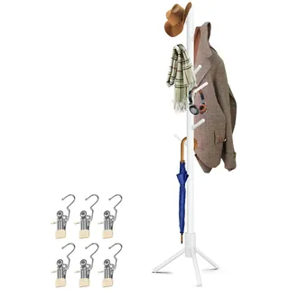 KATLKIU Garderobenständer aus Massivholz mit 8 Haken & Edelstahl-Clips – Moderner Garderobenständer für Flur, Schlafzimmer, Büro, freistehend aus Kiefernholz – weiß