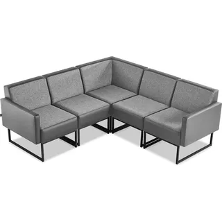 Sofa 4-Sitzer Grau Textil Modern Leder Edelstahl L-Form Sitzmöbel Holz - Grau