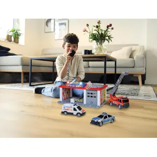 SOS-Rettungsstation mit 3 Fahrzeugen, Polizei, Feuerwehr und Krankenwagen, Station mit Licht & Sound, Mikrofon mit Lautsprecherfunktion, Try me Funktion, Tor zum Öffnen, inkl. Batterien, 33x21x18 cm