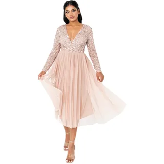 Maya Damen Deluxe Wedding Guest Midi Dress Long Sleeve Plunging Neckline V Neck Sequin Embellished Graduation, Brautjungfernkleid, Taupe Blush, EU 54 (UK 26)