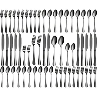 Besteck Set 12 Personen, 60-teiliges Schwarzes Besteck, Hochglanzpoliert und Spülmaschinenfest, Elegantes Besteck Schwarz Matt, mit Messer Gabel Löffel, für Haus, Party, Restaurant(Schwarz)