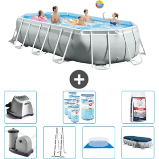 Intex Oval Prism Frame Swimmingpool – 503 x 274 x 122 cm – Grau – inklusive Pumpe – Leiter – Bodenplane – Abdeckung Salzwassersystem - Filter - Poolsalz - Grau