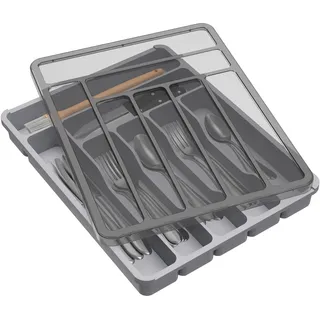 Lifewit Besteckkasten mit Deckel, Besteckaufbewahrung für Küchenschublade und Arbeitsplatte, Besteckkasten aus Kunststoff für Löffel, Gabeln, Messer, Einsatz, 7 Fächer, 36,6 x 29 cm, Schwarz