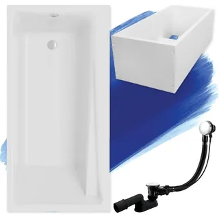 Badewanne Rechteck 150x70 mit Wannenträger, Ablaufgarnitur & Füßen GRATIS | Komplettset 4in1 Original Acryl Wanne Siphon | BADLAND ELZA