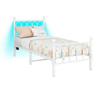 Stilvora Metallbett 90/200 cm in Weiß mit Led, USB und Steckdose, hoher Kopf- und Fußplatte, Stauraum und Stahllamellen , Metall , 1-Zonen , 90x200 cm , Schlafzimmer, Betten, Metallbetten