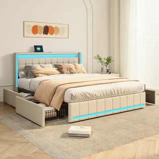 Doppelbett 140x200 cm Beige, LED, USB, 4 Metallschubladen, Leinen, praktisch und modern für Erwachsene