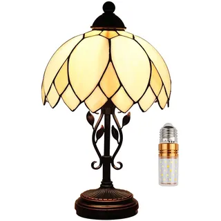Kinbolas Tischlampe im Tiffany Stil,Vintage Nachttischlampe Schlafzimmer Deko Lampe,Jugendstil Tischleuchte,Beige buntglas lampenschirm 25cm / 10 Zoll,Harz-Basis mit Kabel und E27 LED Birne(A)