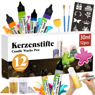 CAwished 30ml Kerzenstifte Wachsstifte mit Feiner Glitzer Gold Silber Kerzen Bemalen Set Candle Wachs Pen für Ideal zum Kerzen Dekorieren & Gestalten Kerzenfarbe (12-Farben)