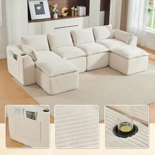 LVHOM XXL Modulsofa 4-Sitzer Cord, U-Form Wohnlandschaft mit Getränkehalter & Seitentaschen, Bigsofa, 322cm, Beige - Beige