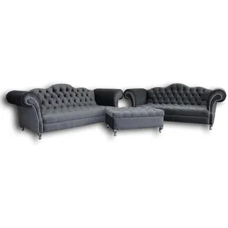 Sofagarnitur 3+2 Sitzers + Hocker Chesterfield Sofa Stoff Leder Couchen Garnitur - Grau