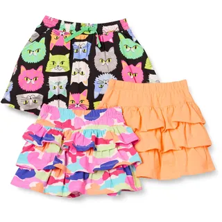 Amazon Essentials Mädchen Gestrickte Skortröcke mit Rüschen (zuvor Spotted Zebra), 3er-Pack, Hellorange/Rosa Regenbogenaufdruck/Schwarz Katze, 10 Jahre