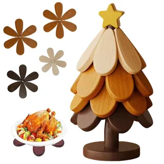 VELAJA Holzuntersetzer Weihnachtsbaum Set, 4-teilige Faltbare Topfuntersetzer aus Holz mit Sternspitze, Schutz für Tische vor heißen Töpfen Pfannen Schüsseln, Dekorative Küchenaccessoires