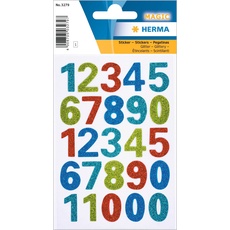 HERMA 3279 Zahlen Aufkleber Glitzer bunt 0-9, 25 Stück, selbstklebend, groß, Kinder Nummer Ziffer Klebezahlen Sticker Hausnummern aus Folie zum Aufkleben DIY Basteln, mehrfarbig