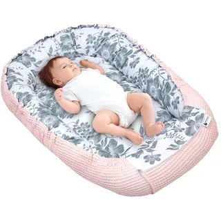 Medi Partners Babynest Nestchen für Neugeborene - 100x60x15 Babynestchen Baby zweiseitg Nest Bett 100% Baumwolle Waffel Kuschelnest tragbar (Berry mit rosa Waffel)