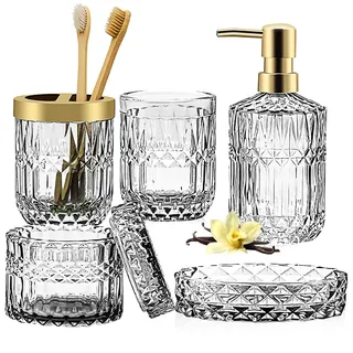 5 Stück Glas Badezimmer Zubehör Set, Glas Badezimmer Accessoires Set von Lotionspender,Seifenschale,Zahnbürstenhalter,Becher,Wattestäbchen Badezimmer Deko Set für Modernes Bad,Vintage Geschenk