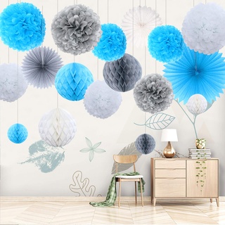 Himeland 17er Seidenpapier Blumen PomPoms Set, Wabenbälle Lampions Laternen Fächer Girlande Dekoration, für Hochzeit Party Baby Duschen Geburtstag Bankett Zimmer -Blau Grau Weiß