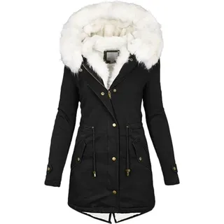 Winterjacke Damen Lang - Warmer Mantel mit Kapuze, Winterparka mit Reißverschluss, Slim-Fit Plüschjacke mit Kordelzug und Taschen, Marineblau, L - Schwarz