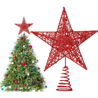 Baumspitze rot Stern – Funkelnde Tannenbaumspitze Stern rot aus Metall mit 3D Glitzer-Effekt | Leichte Christbaumspitze Topper für Festliche Deko, Bruchfest & Stabil, 22cm Universalgröße