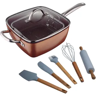 Optimum Copper Bergner quadratisches Pfannen-Set, 24 x 24 cm, aus gepresstem Aluminium + 5-teiliges Küchenutensilien-Set aus Silikon und Holz