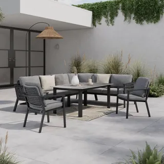 Amatio Dining-Loungeset , Anthrazit, Grau , Metall, Textil, Stein , 5-teilig , Füllung: Schaumstoff,Polyester , seitenverkehrt montierbar, L-Form , 271x209 cm , Gartenmöbel, Gartengarnituren, Gartenmöbel-Sets