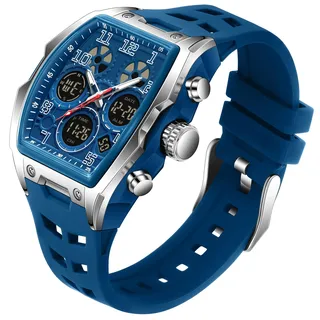 TICKEEN Herrenuhren für Herren Einzigartige rechteckige Uhren Militärische Digital-Analog Sportuhr Weiße Armbanduhr mit Alarm,Stoppuhr,Countdown,Stundenschlag,wasserdichte Multifunktionsuhren (Blau)
