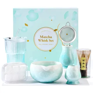 ComboJoy Matcha Set Blau - 9-teiliges Crystal Flower Matcha Schale, Bambusbesen & Halter, Matcha gläser, Eiswürfel form, Löffel & Sieb mit Halter, Teetuch - Geschenke für Frauen