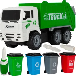 MalPlay Müllwagen mit 4 bunten Mülltonnen | Recycling | Kommunalfahrzeug | Lernspielzeug | Spielfahrzeug für Kinder ab 3 Jahren