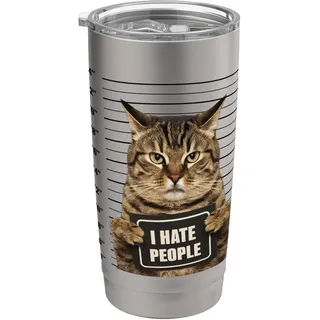 Lustiges Fahndungsfoto einer verhafteten kriminellen Katze Ich hasse Menschen, Katzenliebhaber Doppelwandiger Edelstahl-Thermobecher