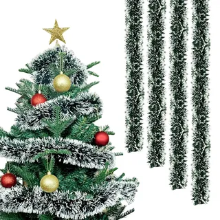 CaiTang Weihnachtsgirlande, 4 Stück Weihnachten Lametta Girlande, 2M Girlande Weihnachten Aussen, Weihnachtsbaum Deko Lametta, für Weihnachten Ferien Indoor und Outdoor Dekorationen, Grün/Weiß