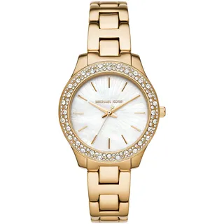 Michael Kors Damen Quartz Armbanduhr, 36.00mm Gehäusegröße mit weiß analog Zifferblatt und Gold Metallarmband Armband MK4555