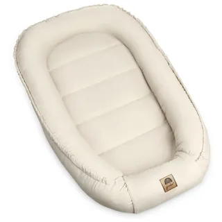 PIMKO Babynest Babynestchen für Baby Kuschelnest 2-seitig Babykokon für Säuglinge und Neugeborene Babynestchen 100% Baumwolle Nestchen geeignet für Zuhause 55 x 90 cm (Beige mit Klappe)