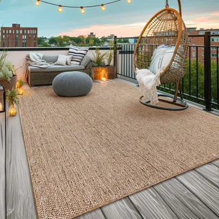 Waschbarer In-& Outdoorteppich Wetterfest Garten Terrasse Esszimmer Unifarben Moderner Boho Style Abstrakte Optik Größe 200x280 cm - Beige