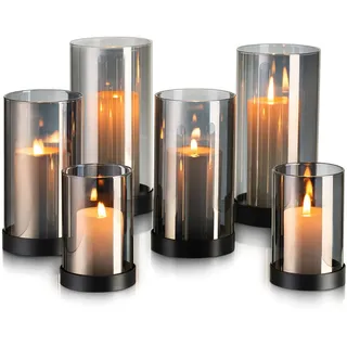 Windlicht Schwarz Glas Windlichter Tischdeko: Hewory 6er Set Kerzengläser Windlicht Outdoor Glaszylinder für Kerzen Kerzenglas Groß Deko Wohnzimmer Modern Teelichtgläser(Rauchglas)