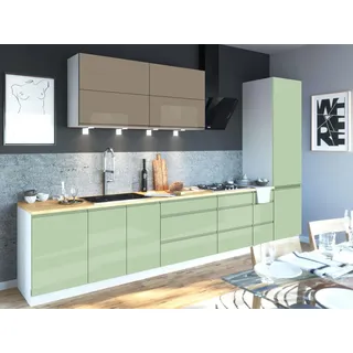 Feldmann-Wohnen Küchenzeile Florence 8-teilig Perlbeige / Weißgrün 392 / 59 / 207 cm , Grün, Beige , Holzwerkstoff , Zeile , 392x207x59 cm , Küchen, Küchenzeilen & Küchenblöcke, Küchenzeilen, Küchenzeilen ohne Geräte