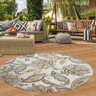Robuster In- & Outdoor Teppich modern pflegeleicht & flachgewebt mit orientalischem Muster in Bunt Größe - 120 cm Rund - Creme, Grau, Bunt