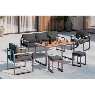 Ambia Garden Dining-Loungeset , Grau, Naturfarben , Metall, Kunststoff, Textil , 6-teilig , Füllung: Schaumstoff,Polyester , eckig , 180x71x65 cm , Gartenmöbel, Gartengarnituren, Gartenmöbel-Sets