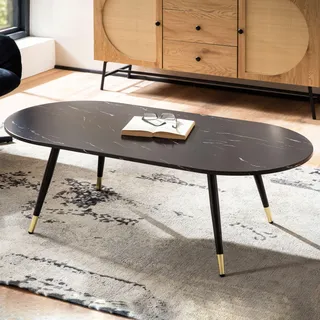 FineBuy Couchtisch 120x60x41,5 cm mit Marmor Optik Schwarz Design Wohnzimmertisch Metall-Gestell Sofatisch Oval Tisch Groß Beistelltisch Wohnzimmer - Schwarz