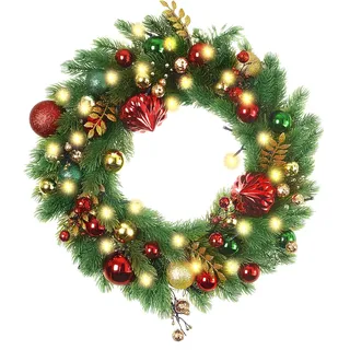Weihnachtskranz 40cm,Türkranz Weihnachten mit 30 LEDs, Türkranz Weihnachten Außen mit Rote Beeren, Blättern und Glocken, Weihnachtsdeko für Haustür, Wand, Fenster