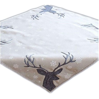 Quadratisch Polyester Tischdecke 85 x 85 cm hellgrau weiß eisblau Stickerei 'Hirsch' Weihnachten Weihnachtsdeko Weihnachtstischdecke Mitteldecke Tischdeko