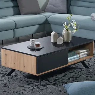 FineBuy Couchtisch 110x60x38 cm MDF Eiche-Nachbildung / Schwarz Wohnzimmertisch Sofatisch Rechteckig mit Stauraum Kaffeetisch mit Schubladen Tisch - Braun