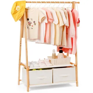 Relquorax Bambus Kinder Kleiderständer, mit 2 Aufbewahrungskiste und 2 Ablage, Kleiderstange & Ablage, Kinderzimmer, Kindergarderobe, für Baby Mädchen Jungs, Naturfarbe (Naturfarbe)