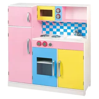 Kinderküche GINGER HOME, Holzspielzeug für Rollenspiele mit farbenfrohem Design, Maße 90 × 30 × 90 cm - Rosa, Blau, Gelb, Weiß