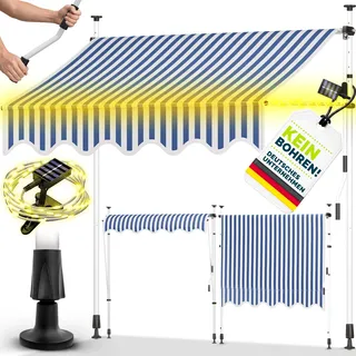 tillvex Klemmmarkise 250 cm Blau/Weiß mit Solar LED mit Handkurbel Balkon | Balkonmarkise ohne Bohren | Markise UV-beständig & höhenverstellbar | Sonnenschutz wasserdicht - Blau, Weiß