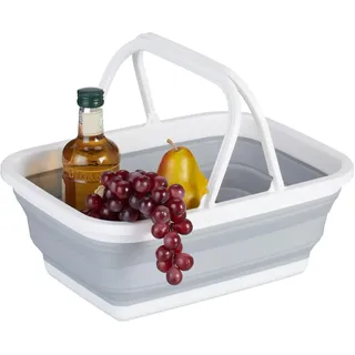 Relaxdays Faltkorb mit Henkel, 8 L, tragbarer Picknickkorb, Camping & Abwasch, HxBxT: 15,5 x 38,5 x 28,5 cm, weiß/grau