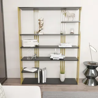 Stylish Anthracite & Gold Bookshelf, 120 cm x 160 cm x 29.6 cm | 100% Melamine Coated Particle Board, 18 mm Thick | Perfect for Modern Home Decor