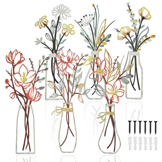 Juwacoo 6 Stück Metall Blumen Vase Wanddekoration, Metall Blumen Wandskulptur, Metallbilder Wanddeko Minimalistische Vase Wandkunst für Terrasse Wohnzimmer Badezimmer Schlafzimmer Esszimmer
