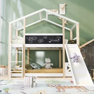 okwish Etagenbe Baumhaus Kinderbett 90 x 200 mit Rutsche & Leiter, Hochbett mit Rausfallschutz, Funktionsbett, Massivholz Hausbett ohne Matratze Weiß - Weiß