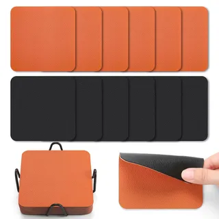 Myir JUN Untersetzer Gläser 12er Viereckige Glas Untersetzer Set 10cm Doppelseitige Untersetzer Teller Wasserfeste rutschfeste Untersetzer mit Untersetzerhaltern(Schwarz Orange)